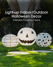 Three inflatable light up decorative pumpkins
Inflatable Halloween decor
Light-up Indoor/outdoor Halloween Decor
Inflatable Pumpkins 3-pack